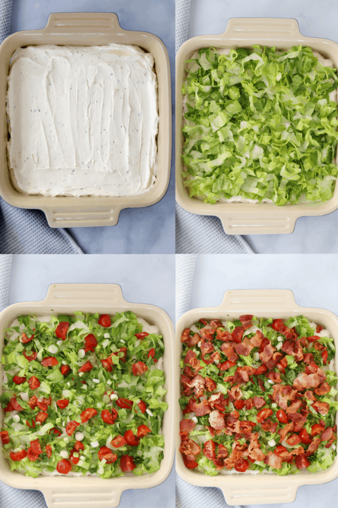 how to make blt dip recipe. easy make ahead football food. party food. cold appetizer ideas.  blt cream cheese dip, 