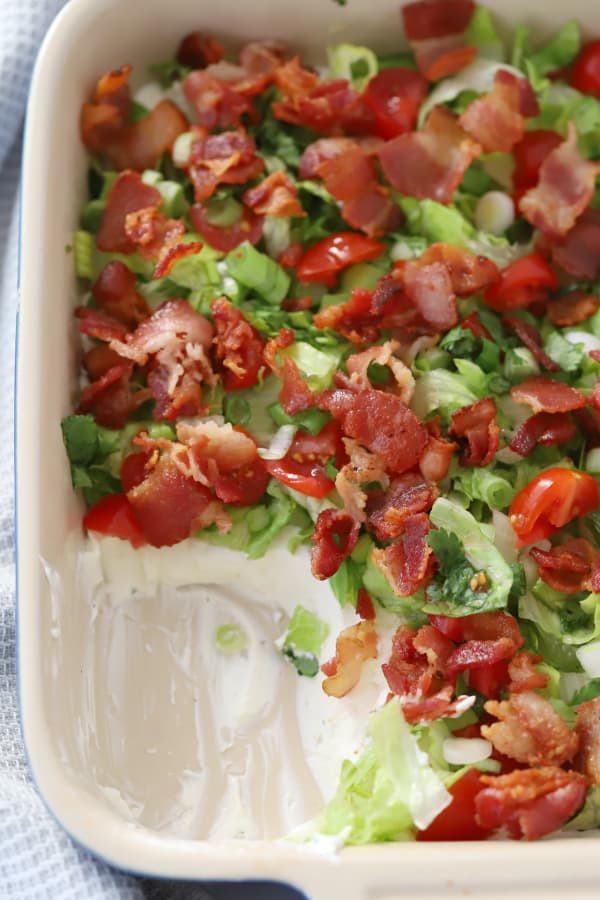 blt dip with bacon on top, an easy bacon appetizer, recipe for blt dip, easy cold appetizers; blt creams.