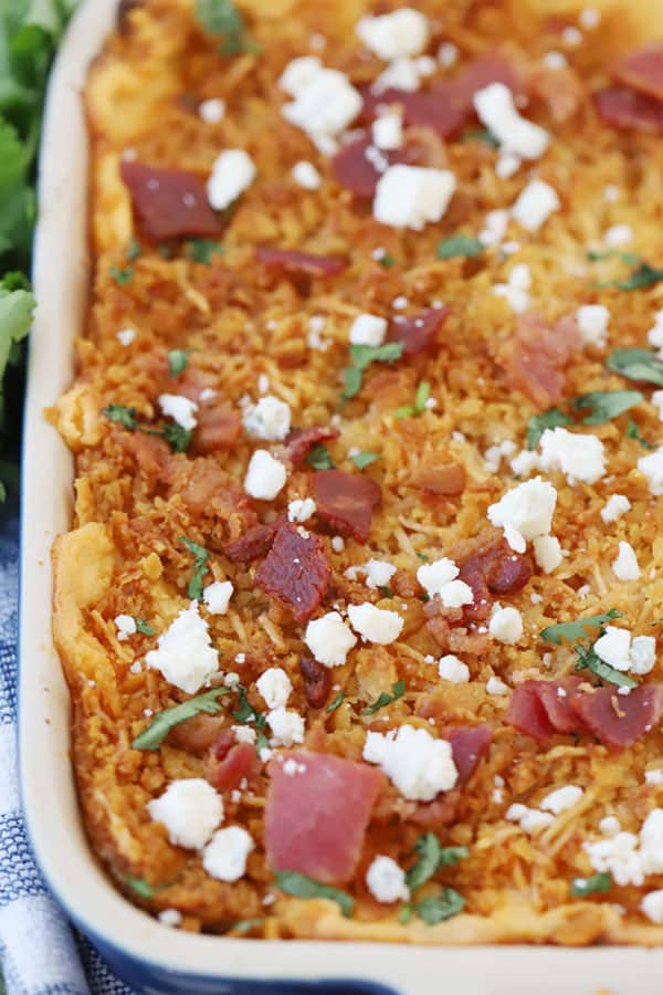 Frank's buffalo chicken dip in a serving dish.