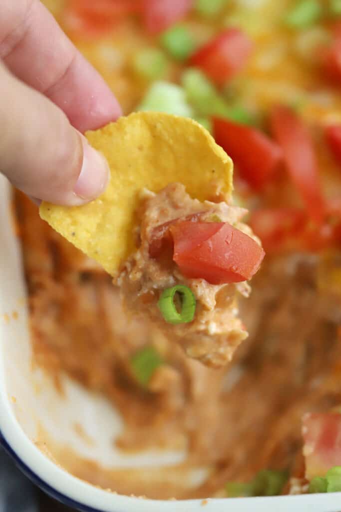 Cheesy bean dip served on a tortilla chip. bean cream cheese dip, bean dip with refried beans and cream cheese. 