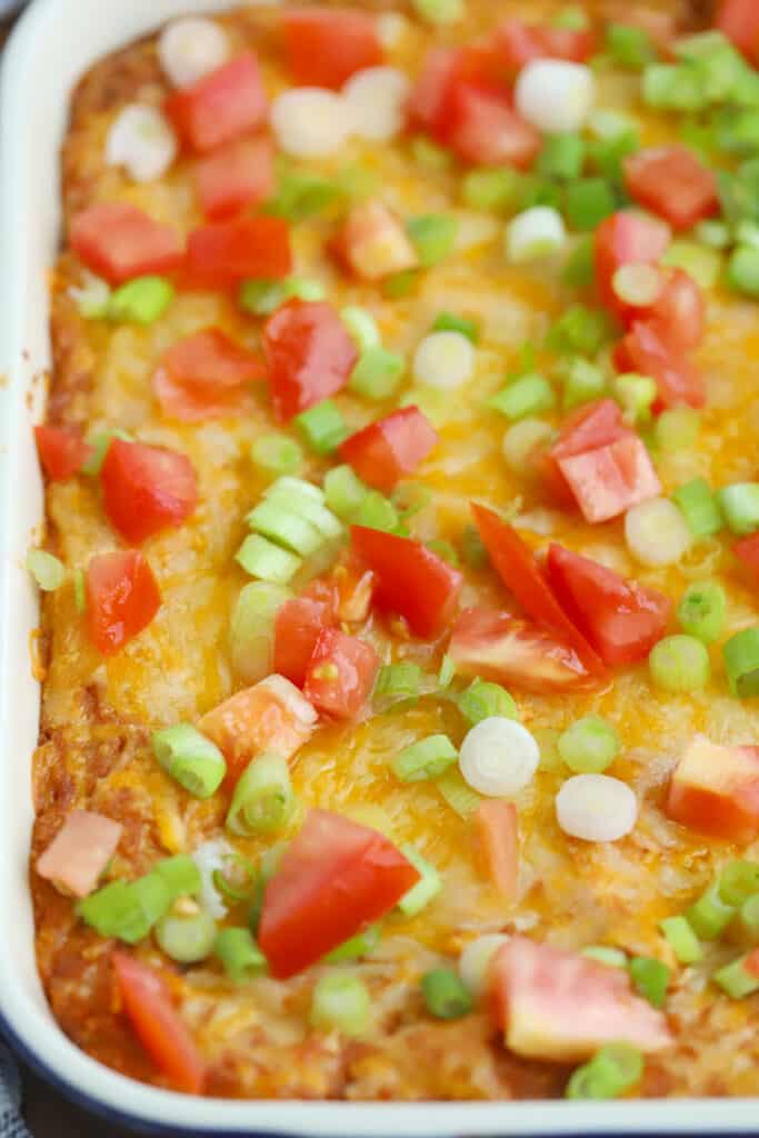 Bean dip cream cheese recipe with tomatoes and sliced green onions on top.
