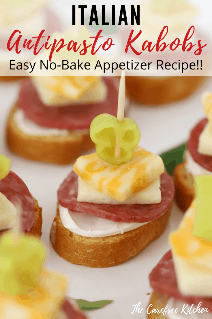 Pinterest pin for Italian Mini Kabobs, italian appetizers recipes, italian finger food. italian starters, no cook appetizers, small appetizers. 