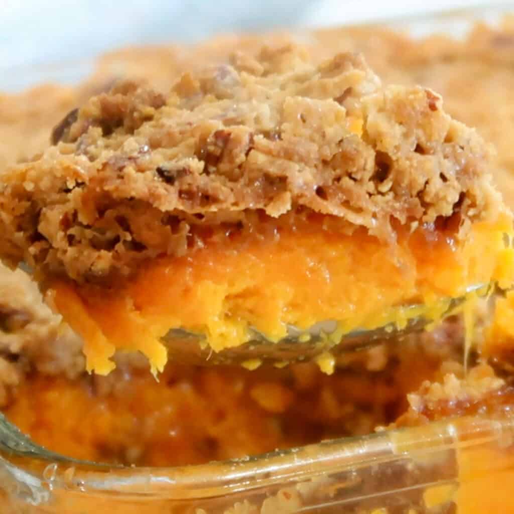 sweet potato casserole with pecan crumble topping, pecan topping for sweet potato casserole.