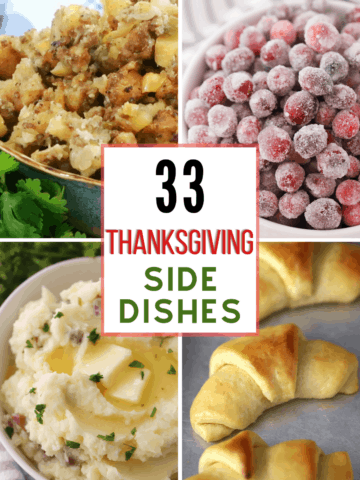 thanksgiving side dishes, mashed potatoes, stuffing, cranberries and homemade dinner rolls.