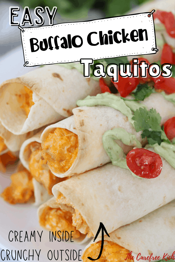 image for Buffalo Chicken Taquitos, stacked in a pile and served with guacamole, tomatoes and cilantro,