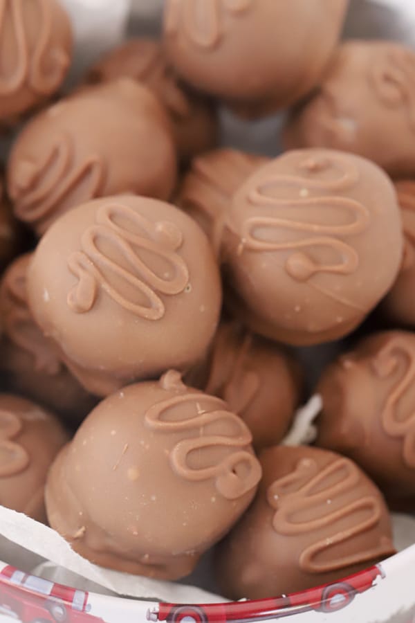 A bowl full of coconut balls dipped in chocolate.