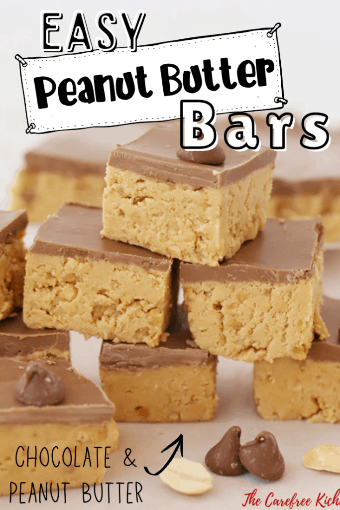 Peanut butter bars stacked on top of each other with a few mini chocolate chips scattered around, easy no bake cookie bars.