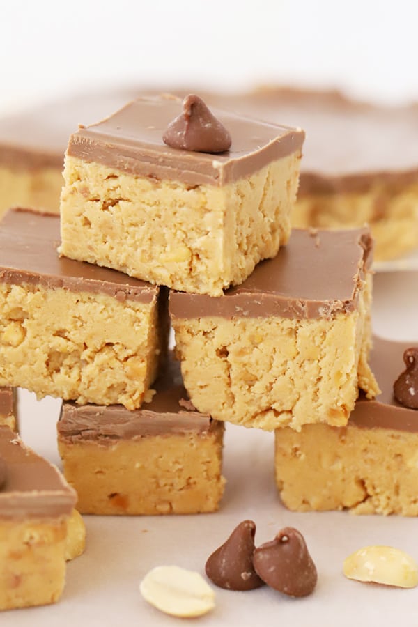 Peanut Butter bars stacked on top of each other.