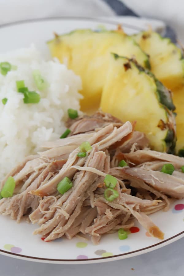 A plate full of shredded pork, rice and pineapple slices.