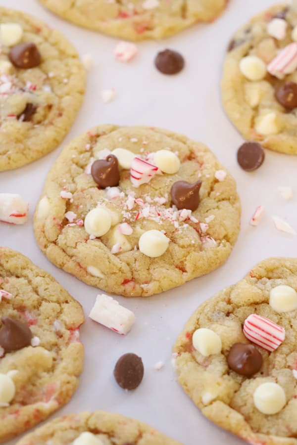 candy cane chocolate chip cookies on a white plate