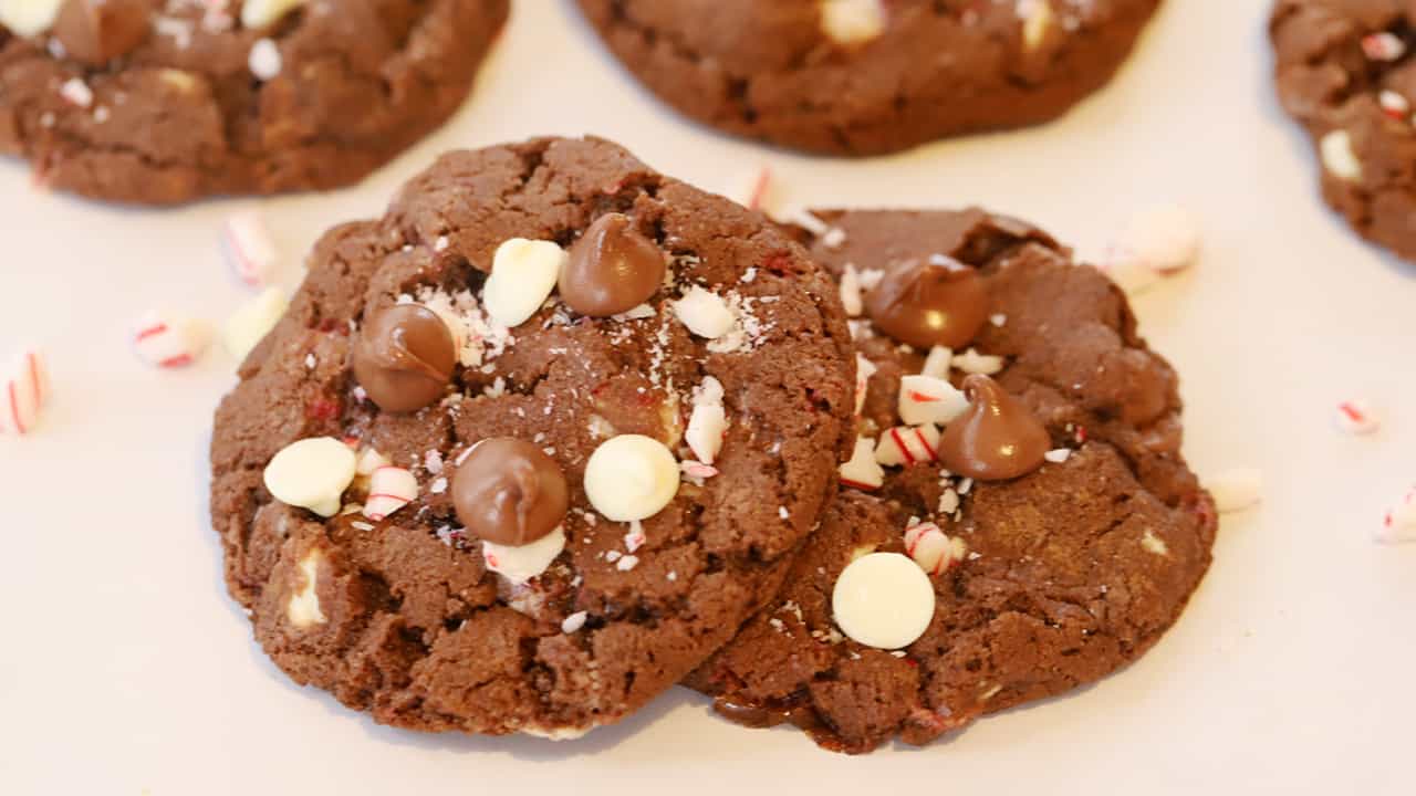 Chocolate Candy Cane Cookies on a tabletop.