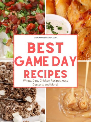 best game day foods collage- taquitos, cheese ball, dip and potato skins, party foods recipes.