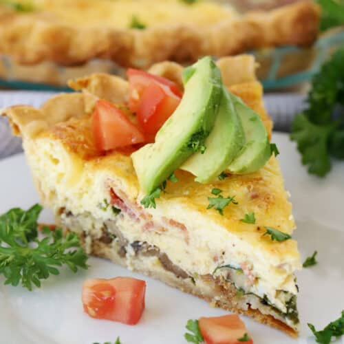 quiche recipe with avocado and tomatoes on top