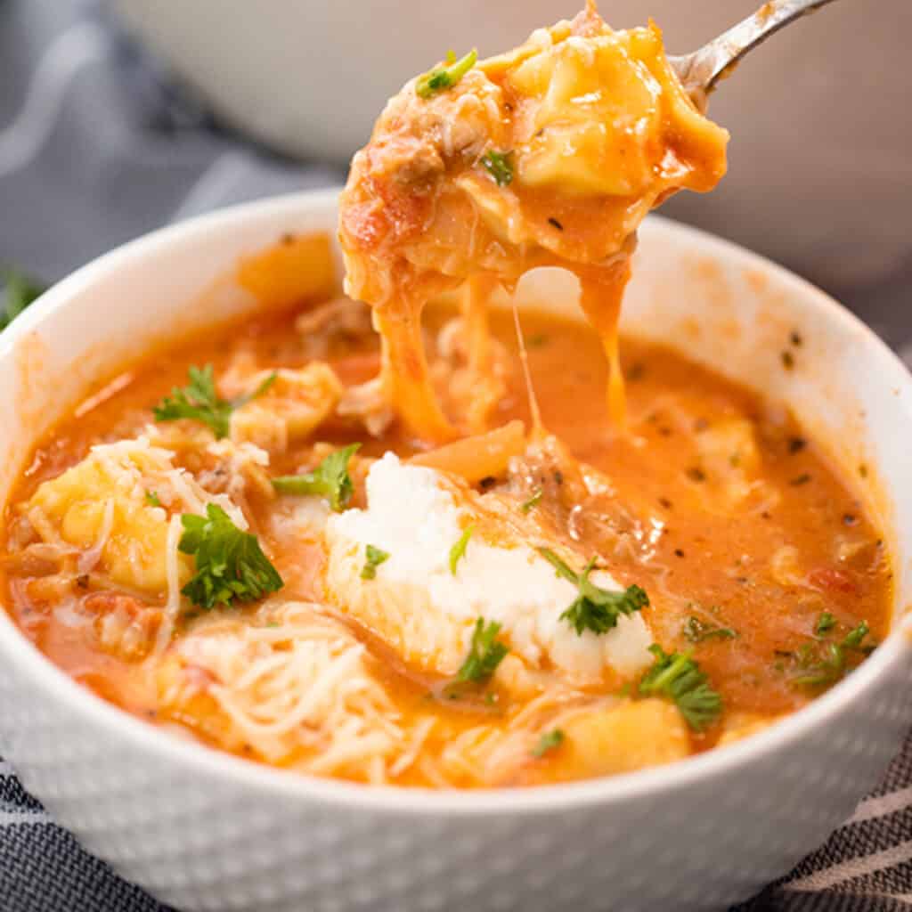 easy lasagna soup with cheese in a white bowl, easy lasagna soup, lasagna soup recipe easy.