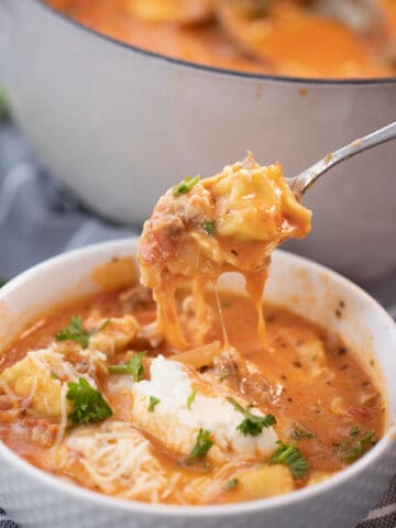 lasagna soup with cheese in a white bowl