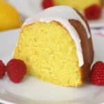 lemon cake recipe bundt with lemon glaze on a white plate