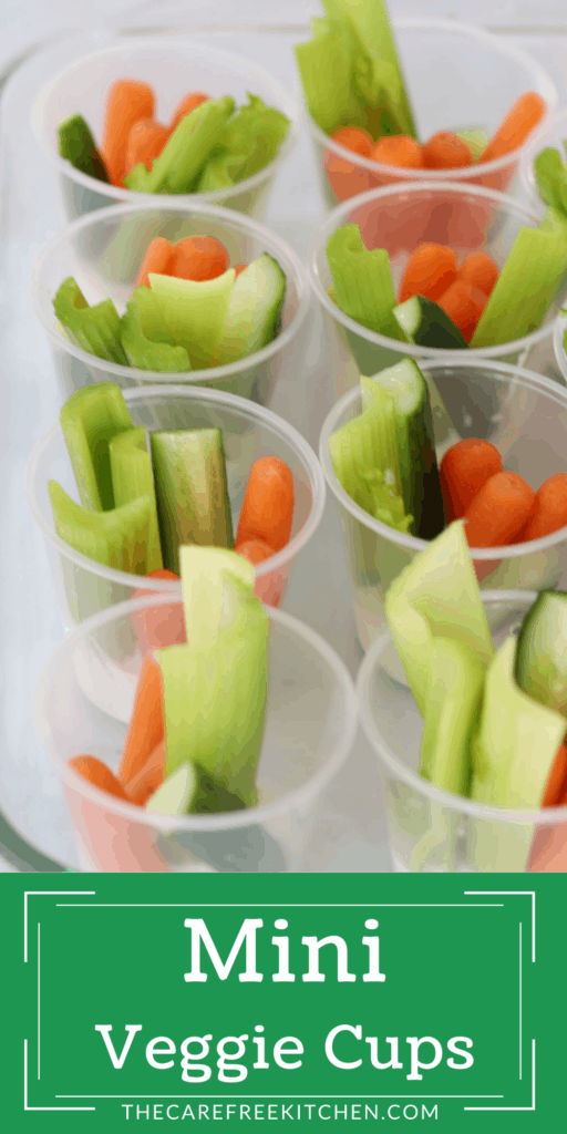 Rows of plastic cups filled with assorted raw veggies and filled with ranch dressing in the bottom.