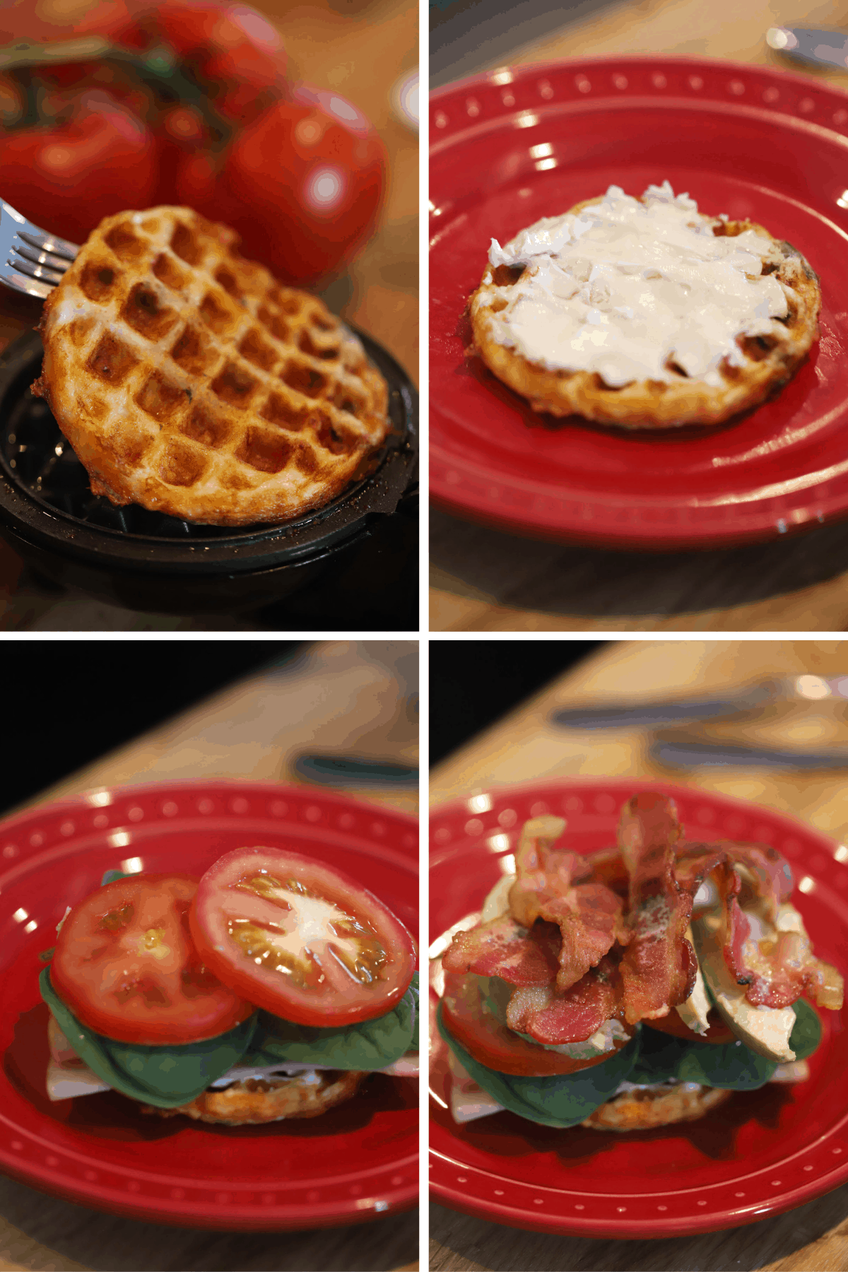 Four photos showing how to build a chaffle sandwich.