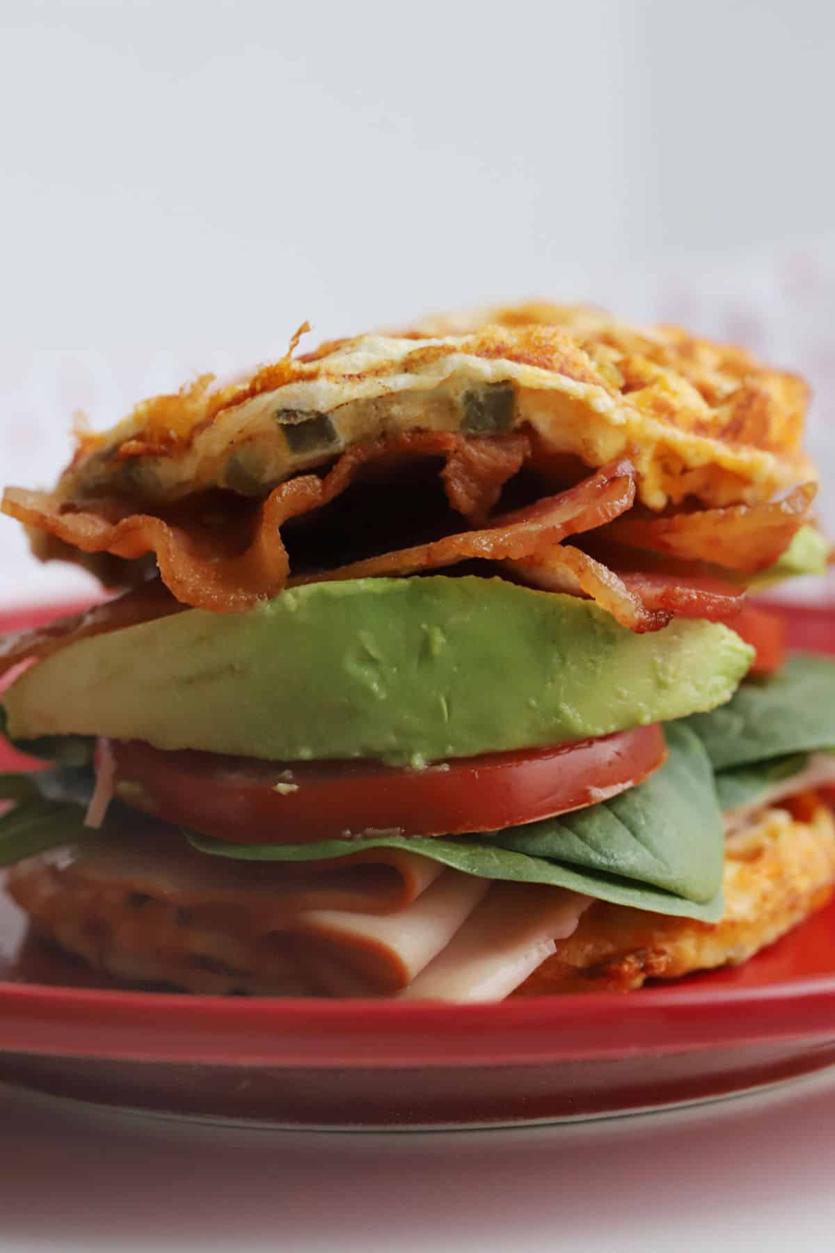 A side photo of the Turkey Bacon Avocado Chaffle sandwich.