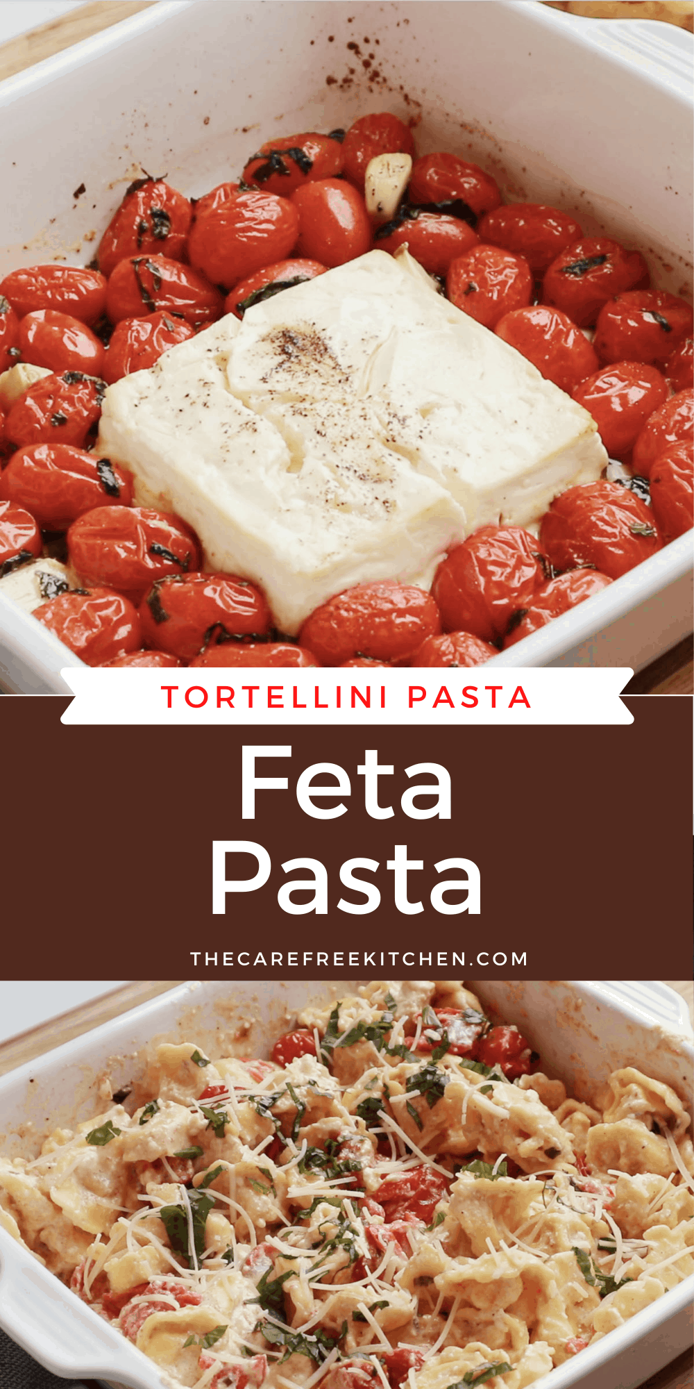 Pinterest pin for feta and tomato pasta tiktok recipe, feta cheese pasta.