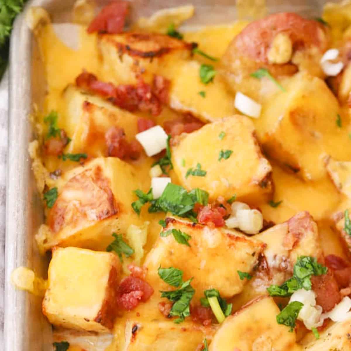 cheesy ranch potatoes on a baking sheet, cheesy bacon potatoes recipe