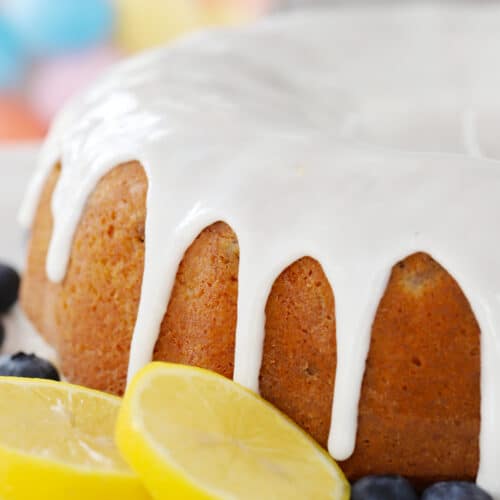 lemon blueberry bundt cake recipe with lemon icing on top