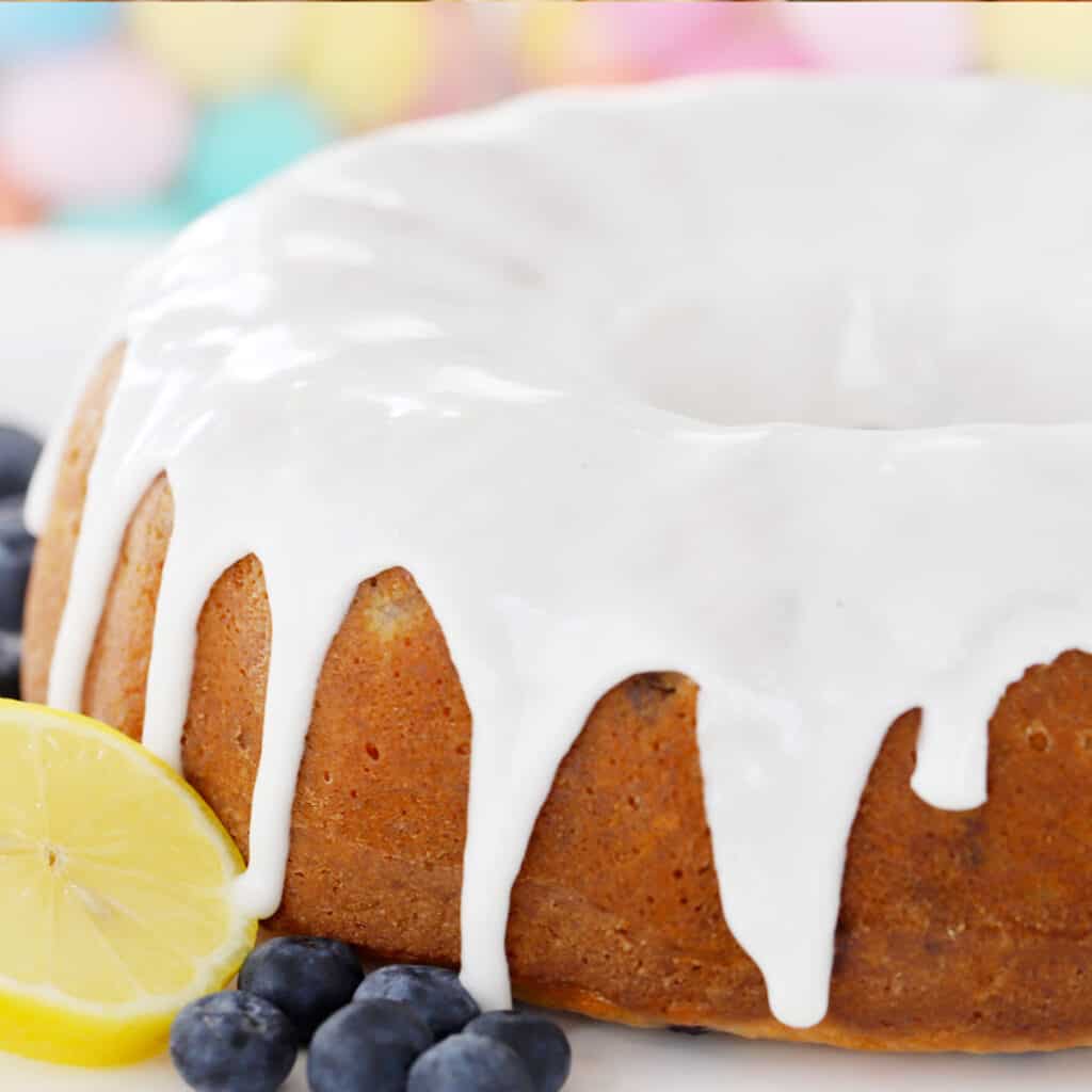 lemon blueberry bundt cake recipe with lemon glaze on top