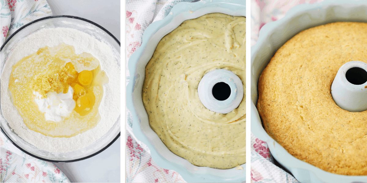 Three photos showing the steps for mixing and making a bundt cake.
