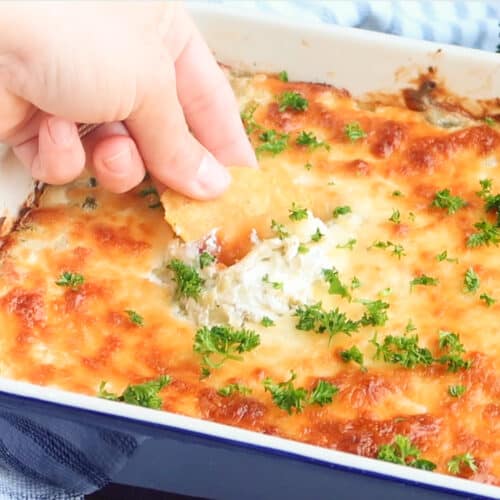 artichoke dip recipe, Corn chip being dipped in jalapeno Artichoke Dip recipe.