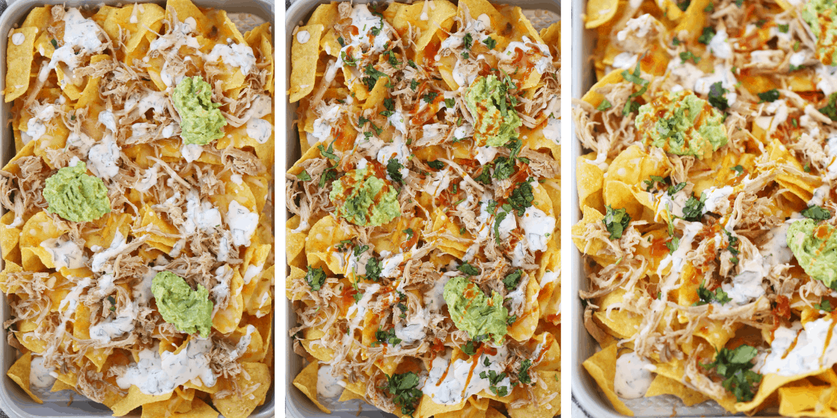 Three photos showing how to top your baked nachos.