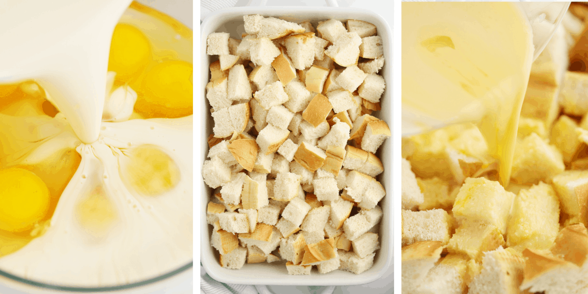 Three photos showing how to prep the custard and bread for your French toast bake.