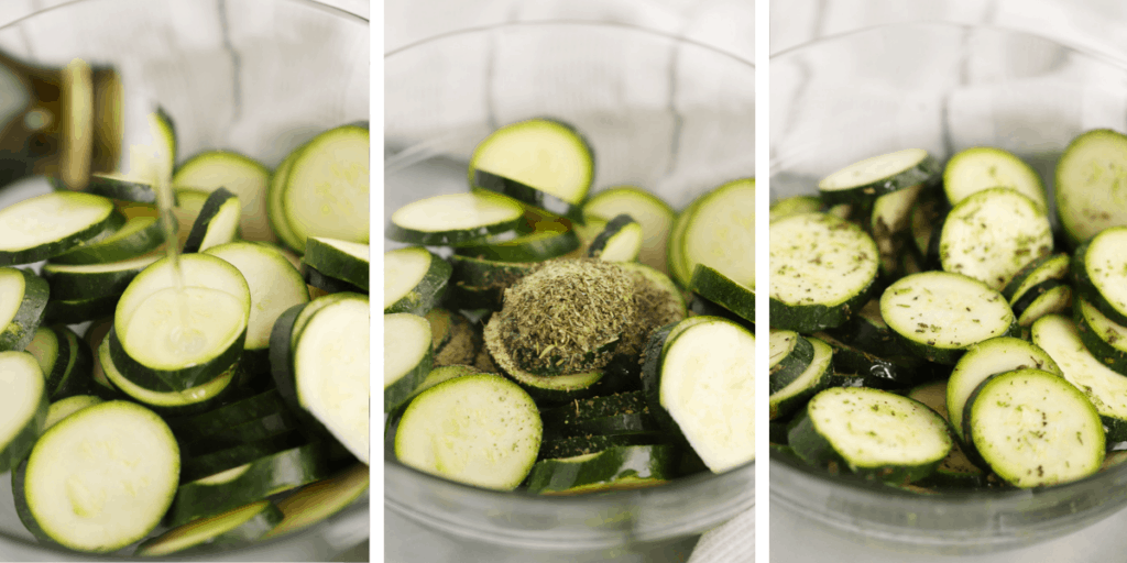 A large glass bowl full of sliced zucchini and seasoning.