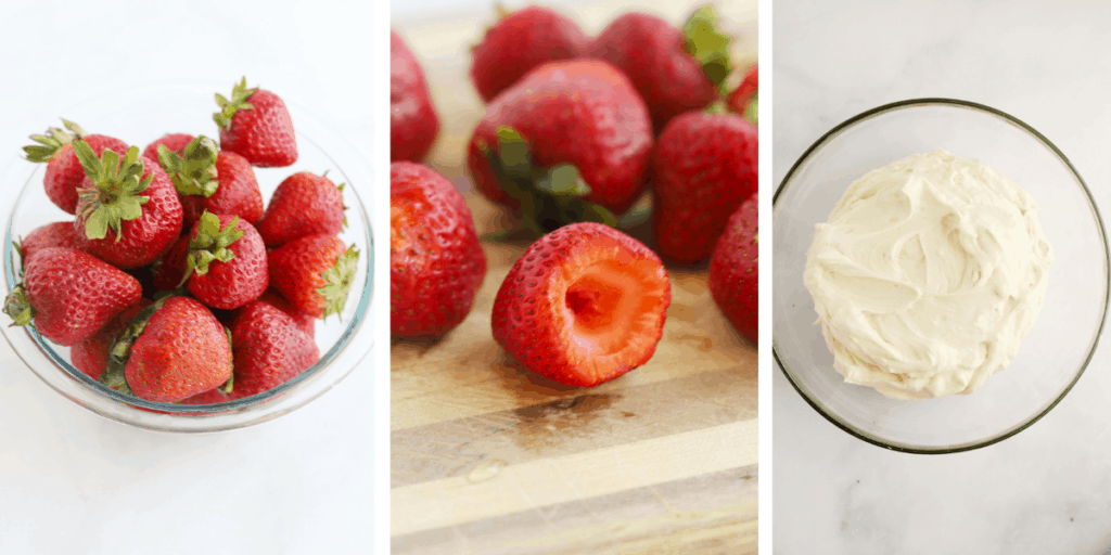 How to make cheesecake filled strawberries, strawberry stuffed with cream cheese, strawberry filled cream cheese, cream cheese stuffed strawberries. 