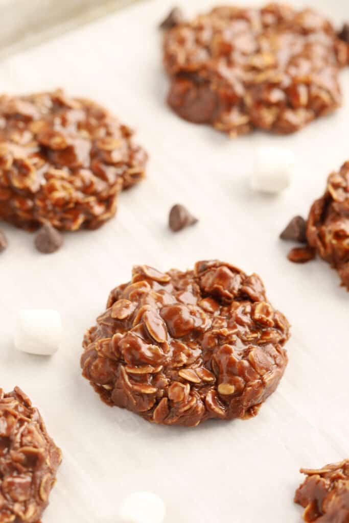 chocolate no bake cookies on parchment paper, easy no bakes made without peanut butter.