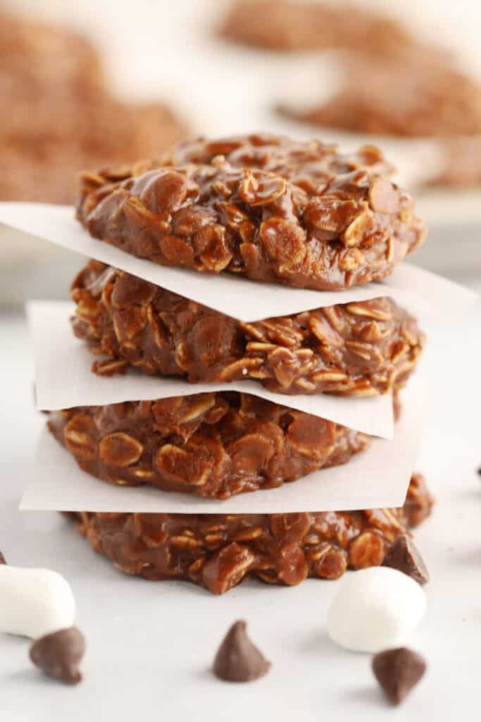 recipe for no bake chocolate cookies without peanut butter on parchment squares