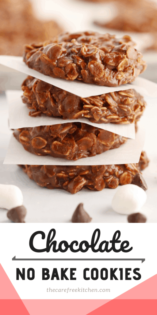 Chocolate no-bake cookies stacked on top of each other with little squares of parchment paper between them.