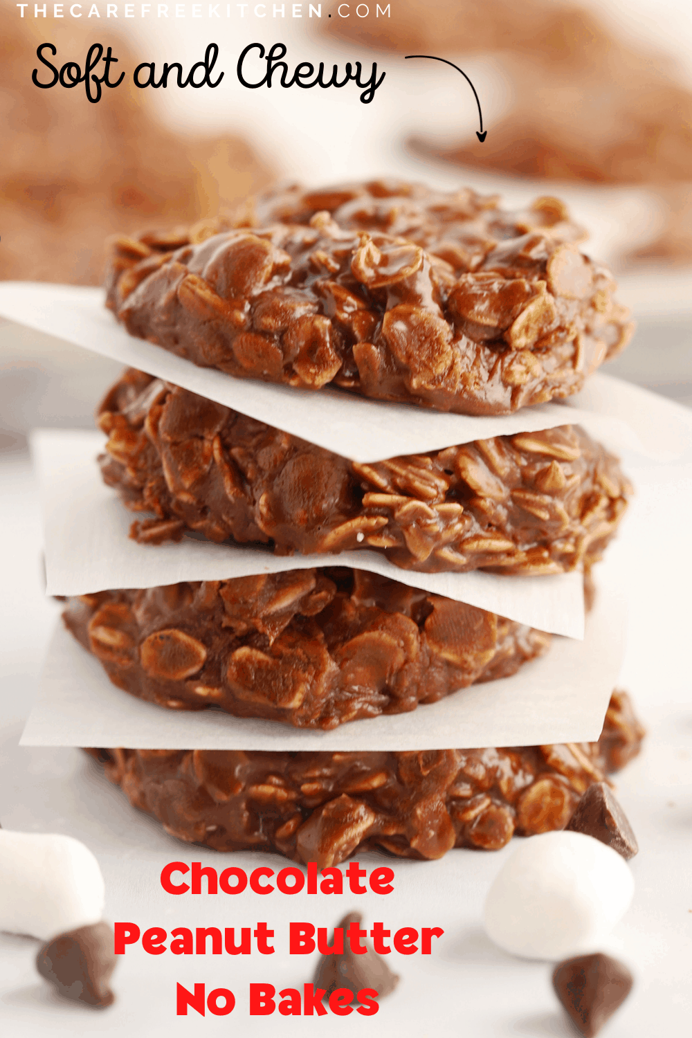 Pinterest pin for Chocolate Peanut Butter No Bake Cookies