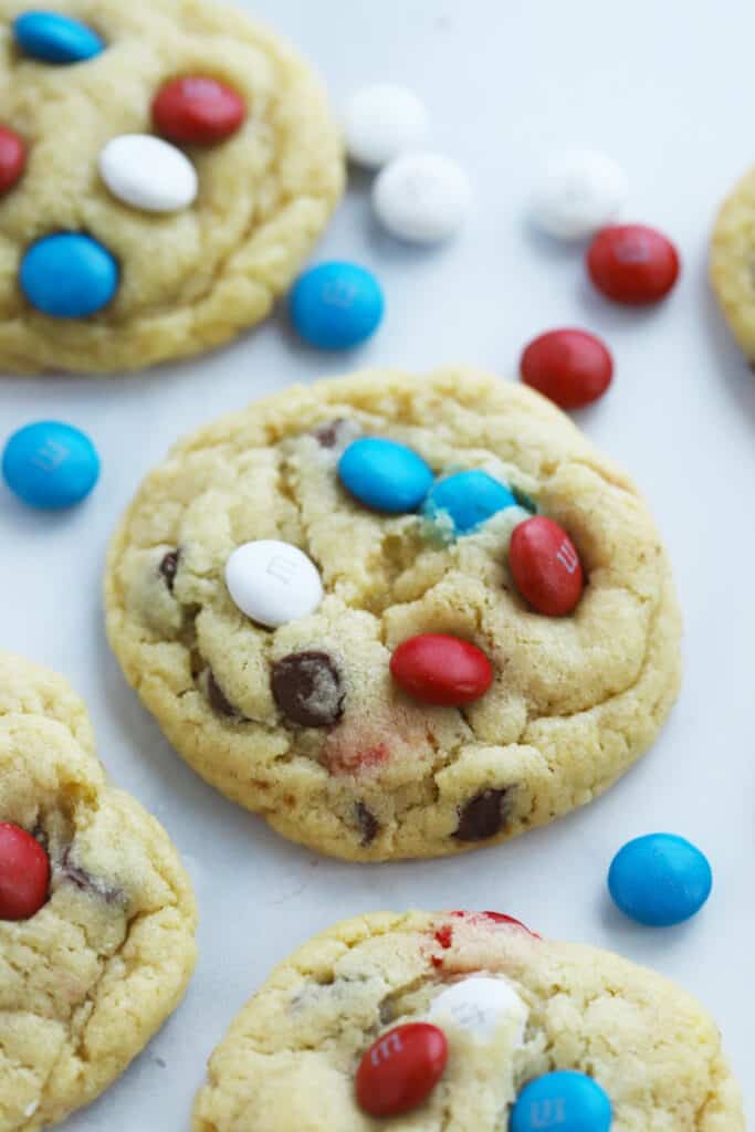 4th of july cookies with red white and blue blue m&Ms, patriotic recipes.