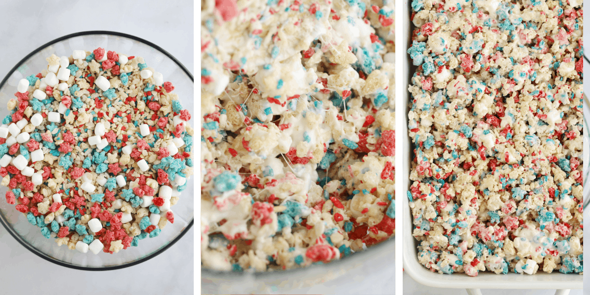 Three photos showing a bowl with mini marshmallows and red and blue rice krispies, the mixture in a pot and the finished mixture spread into a baking dish.