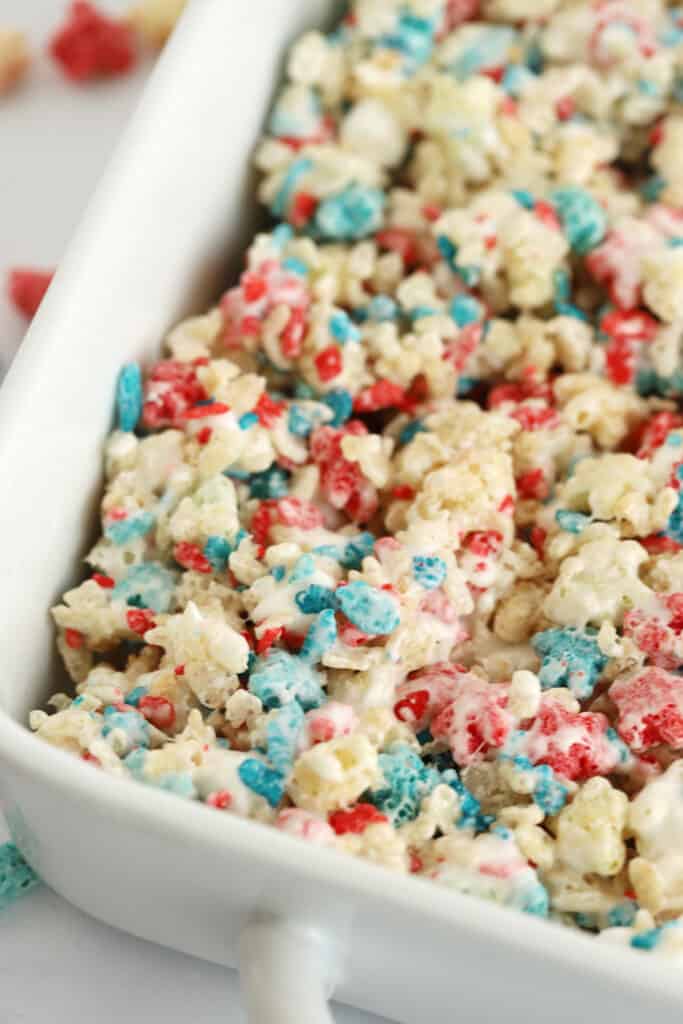 4th of july rice krispies in a baking dish, rice crispy recipe