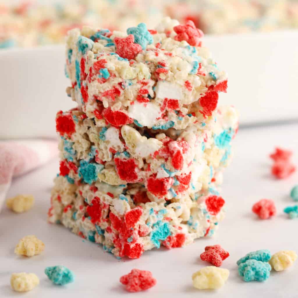 patriotic Rice Krispies treats made with red, white and blue cereal.