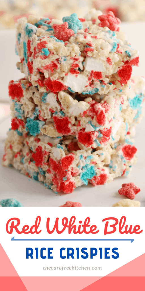 Red White and Blue Rice Krispies, showing a few stacked on top of each other. no bake cookies bars