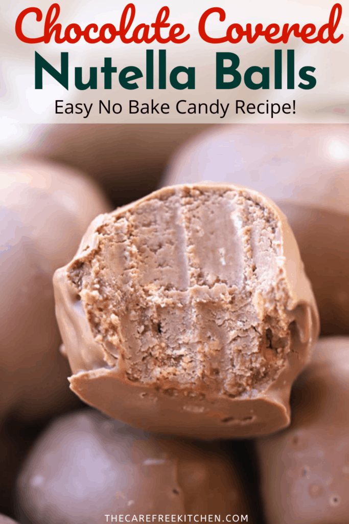 A close up of a Nutella ball with a bite taken out of it. easy no bake dessert recipe. best christmas no bake dessert candy. 