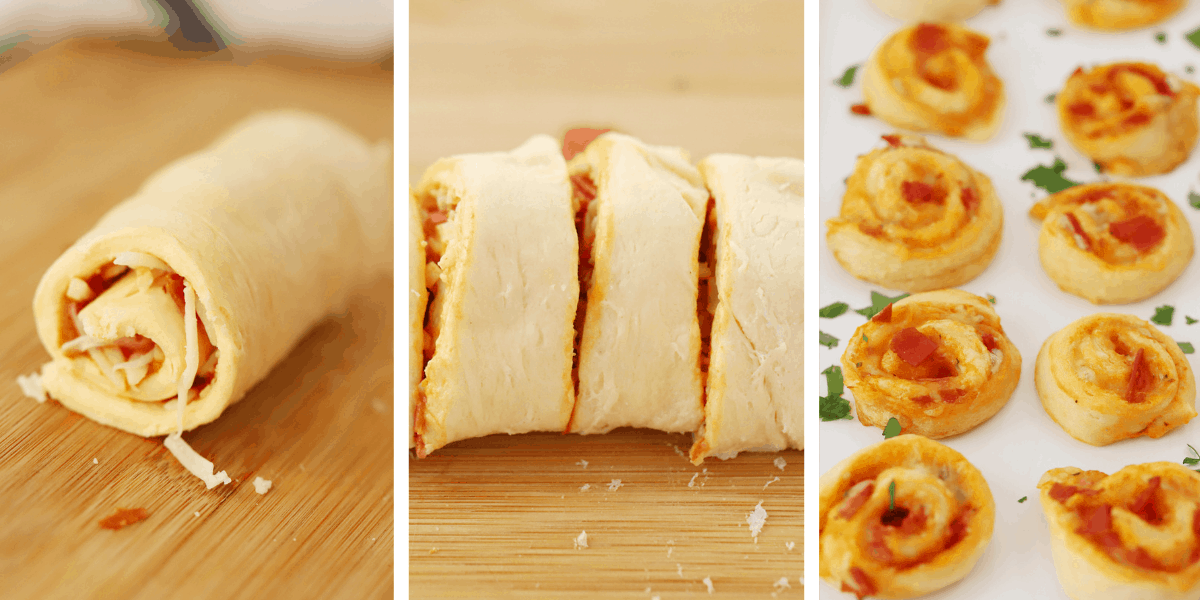 Three photos showing the pizza dough roll, the pizza roll sliced and the baked Pizza Pinwheels on a sheet tray.
