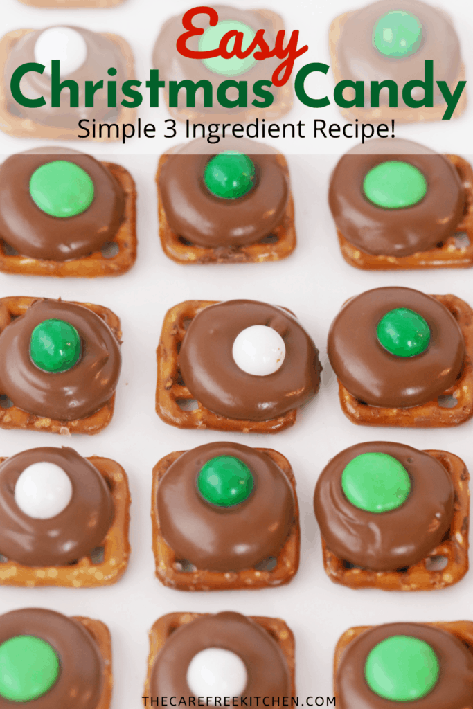 Chocolate dipped Rolo candies on top of pretzels, topped with M&Ms.