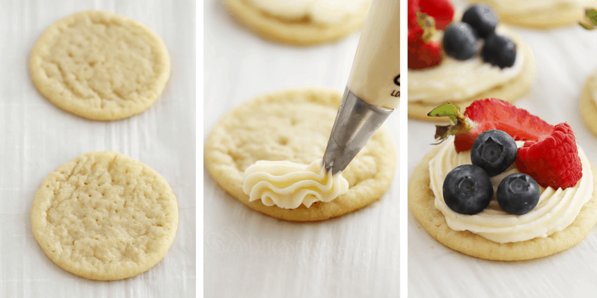 Three photos showing how to decorate mini fruit pizza cookies.