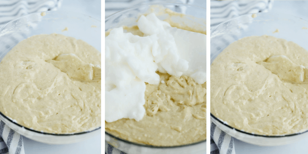 Three photos showing how to mix in the whipped egg whites to the waffle batter.