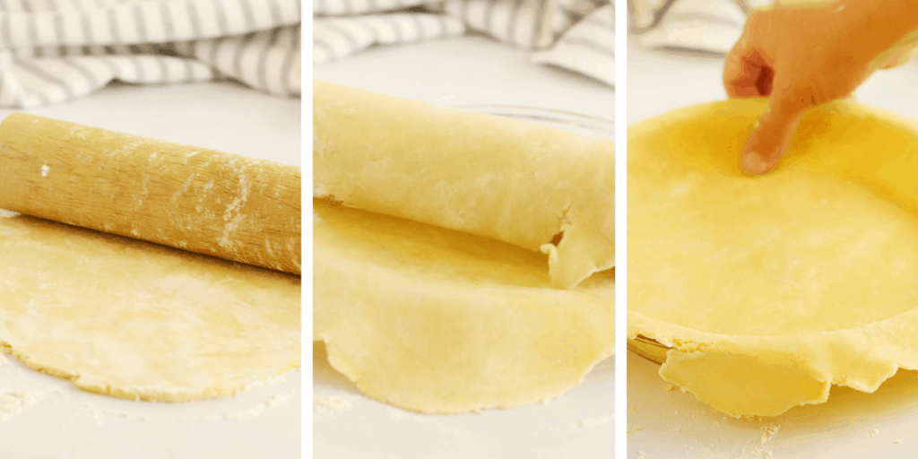 Three photos showing pie dough rolled out and being transferred to a pie pan. Best flaky pie crust. Flaky pie crust recipe. Flakey crust. How to make flaky pie crust.