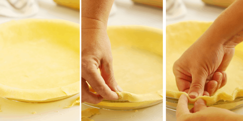 Three photos showing how to crimp the edges of a homemade pie crust. How to make homemade buttery pie crust. 