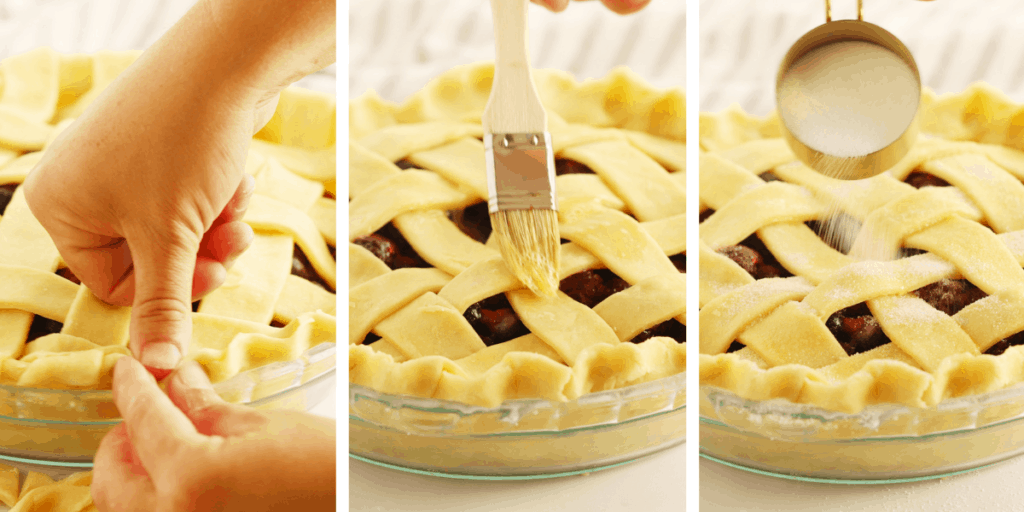 Three photos showing how to crimp the pie crust edges, egg wash and sprinkle with sugar.